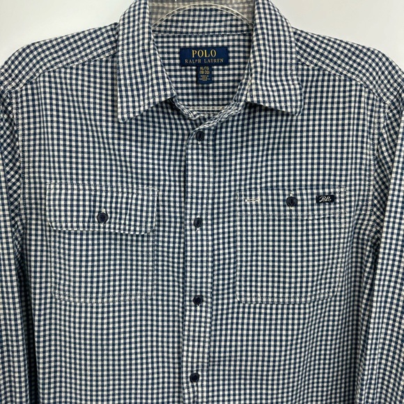 Polo Ralph Lauren Boys Button Down Shirt XL 18-20 Dark Blue White Check Cotton - Picture 2 of 10